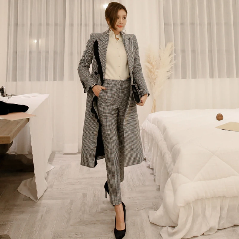 

Fashion Double-breasted trench new arrival elegant long pant 2 pieces high quality work style thick warm outdoor trend women set