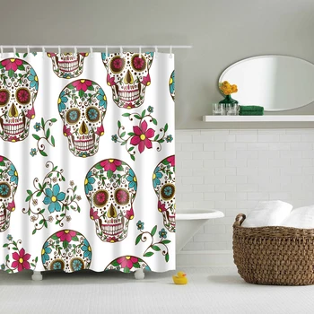 

Waterproof Thicken Polyester White 3D Shower Curtain Day of the Dead Skull Mildew Proof Bath Tub Curtain with 12 pcs Hooks