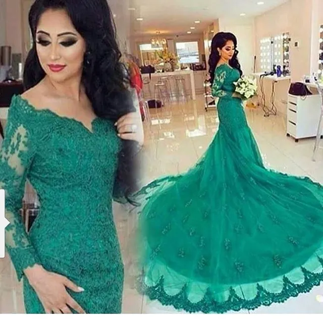 Turquoise Mermaid V Neck Lace Applique Long Sleeve Chapel Train Dubai Arabic فستان زفاف Evening gown Bespoke Wedding Dresses