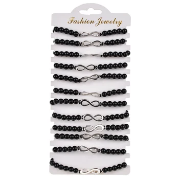 

12pcs/lot Fashion Silver Color Infinite Love Braided Bracelets Black Beads Handmade Adjustable Chain Bracelet Set Women Jewelry