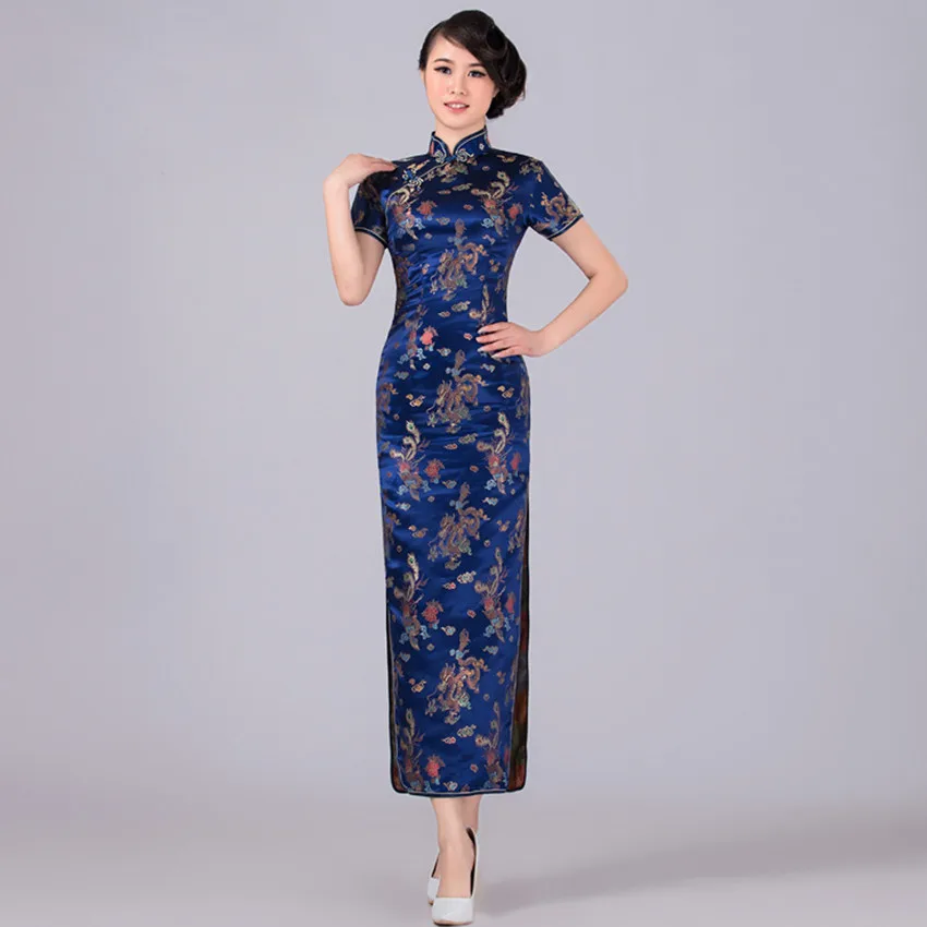 Темно-синий китайский традиционное платье женское атласное Qipao дракон феникс длинный Чонсам Плюс Размер S M L XL XXL XXXL 4XL 5XL 6XL LF-04