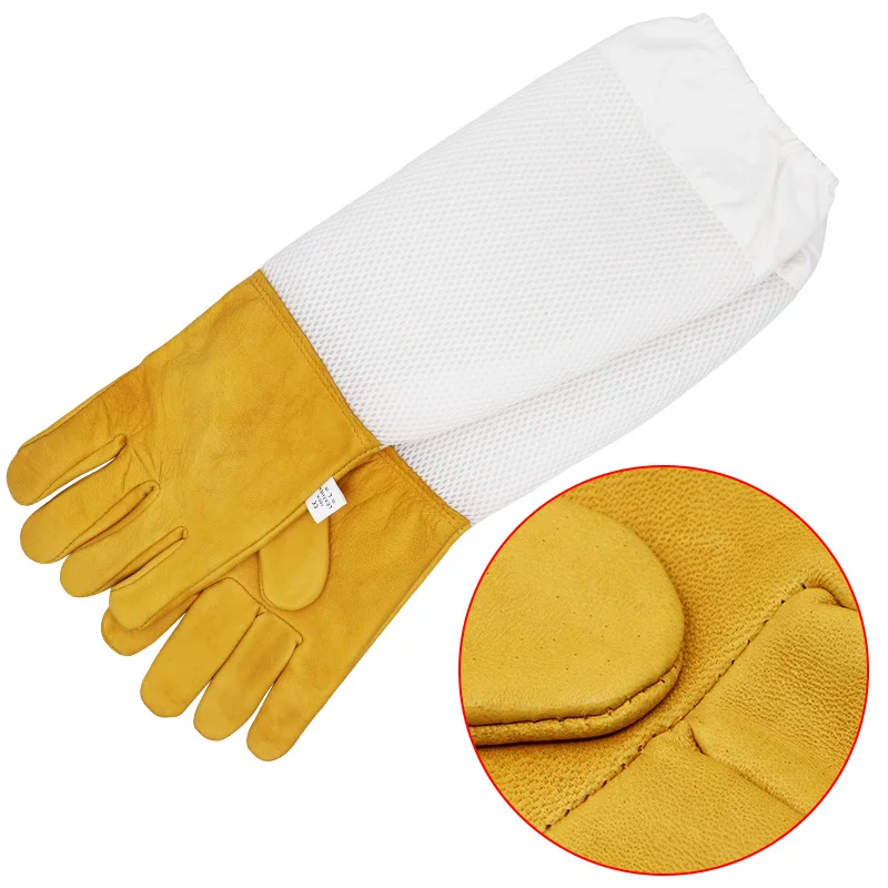 Beekeeping Gloves Protective Sleeves Breathable Mesh Sheepskin and Cloth for Apiculture
