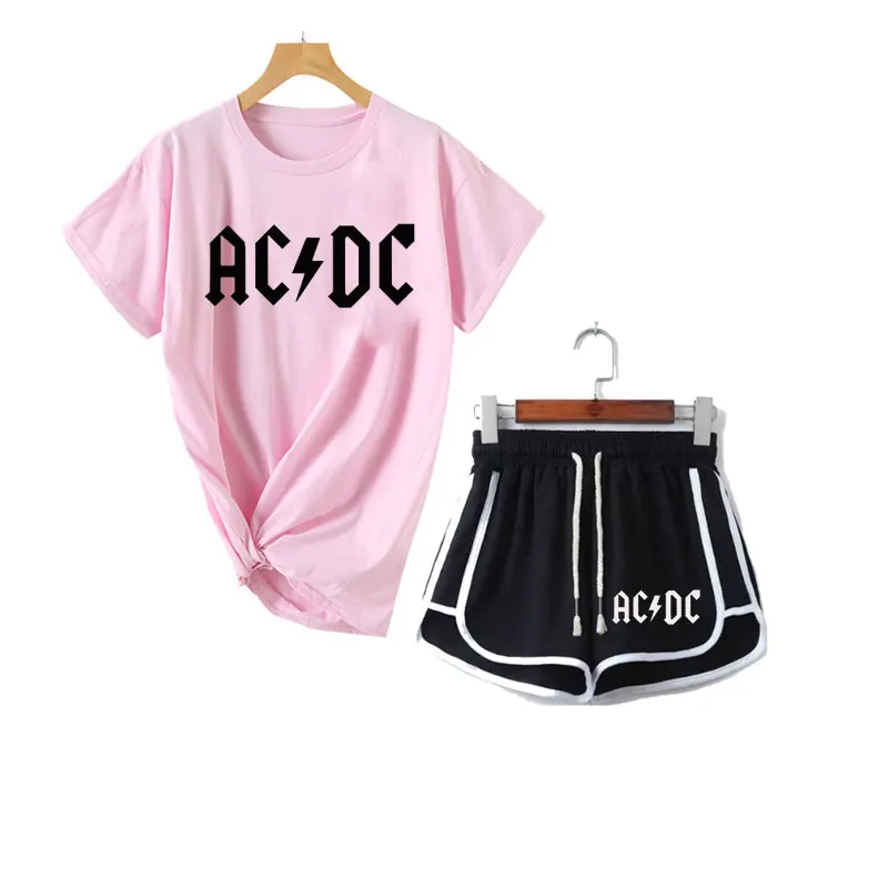 Лето,, женские футболки AC/DC+ шорты, комплект из двух предметов, повседневный спортивный костюм, новинка, мужская повседневная футболка, комплект с брюками для фитнеса