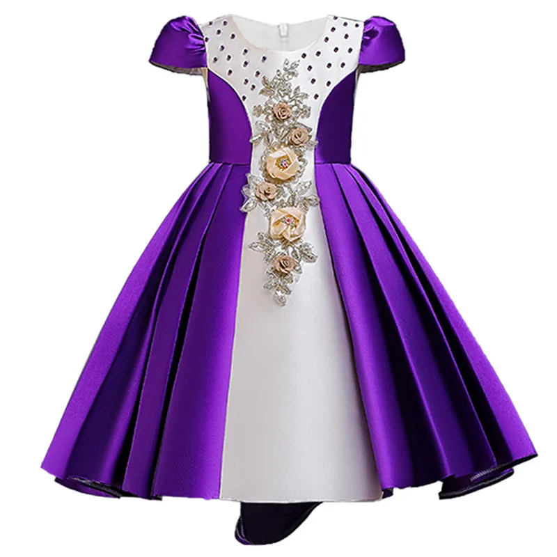 Платья с цветочным узором для девочек летнее кружевное платье-пачка с блестками для девочек на свадьбу, вечеринку, день рождения 2, 4, 6, 8, 10, 12 лет - Цвет: purple