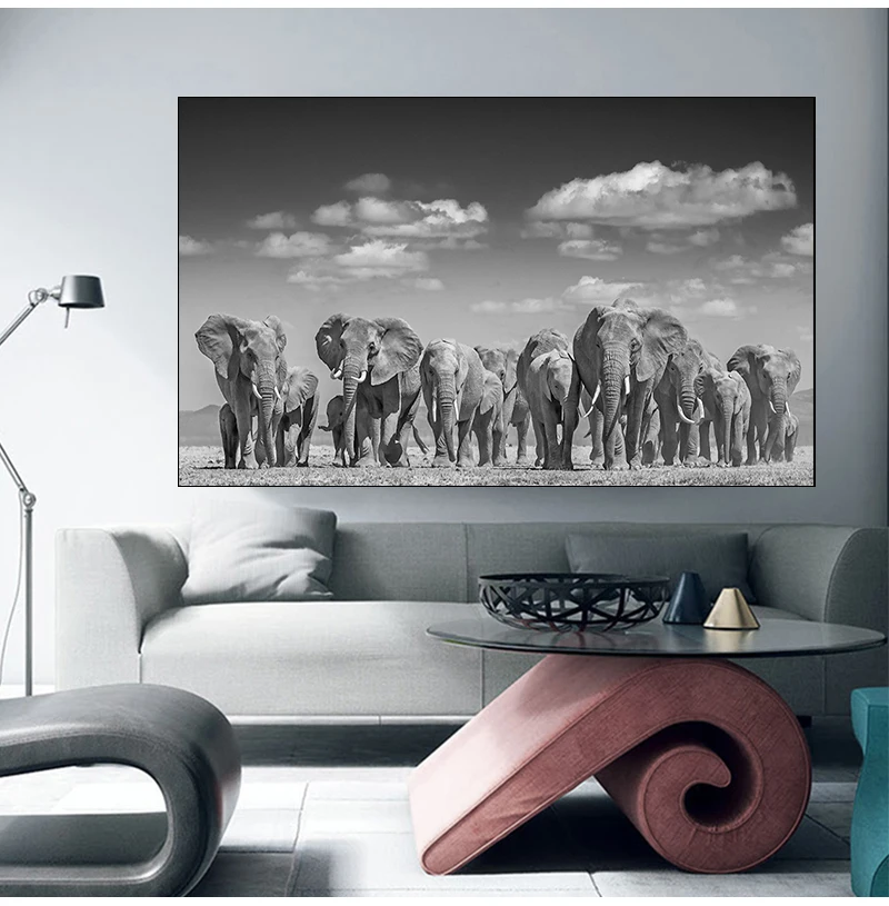 Wall Art Canvas Painting African Elephant Herd Pictures for Living Room Cuadros Decor No Frame Modern Animals Posters and Prints