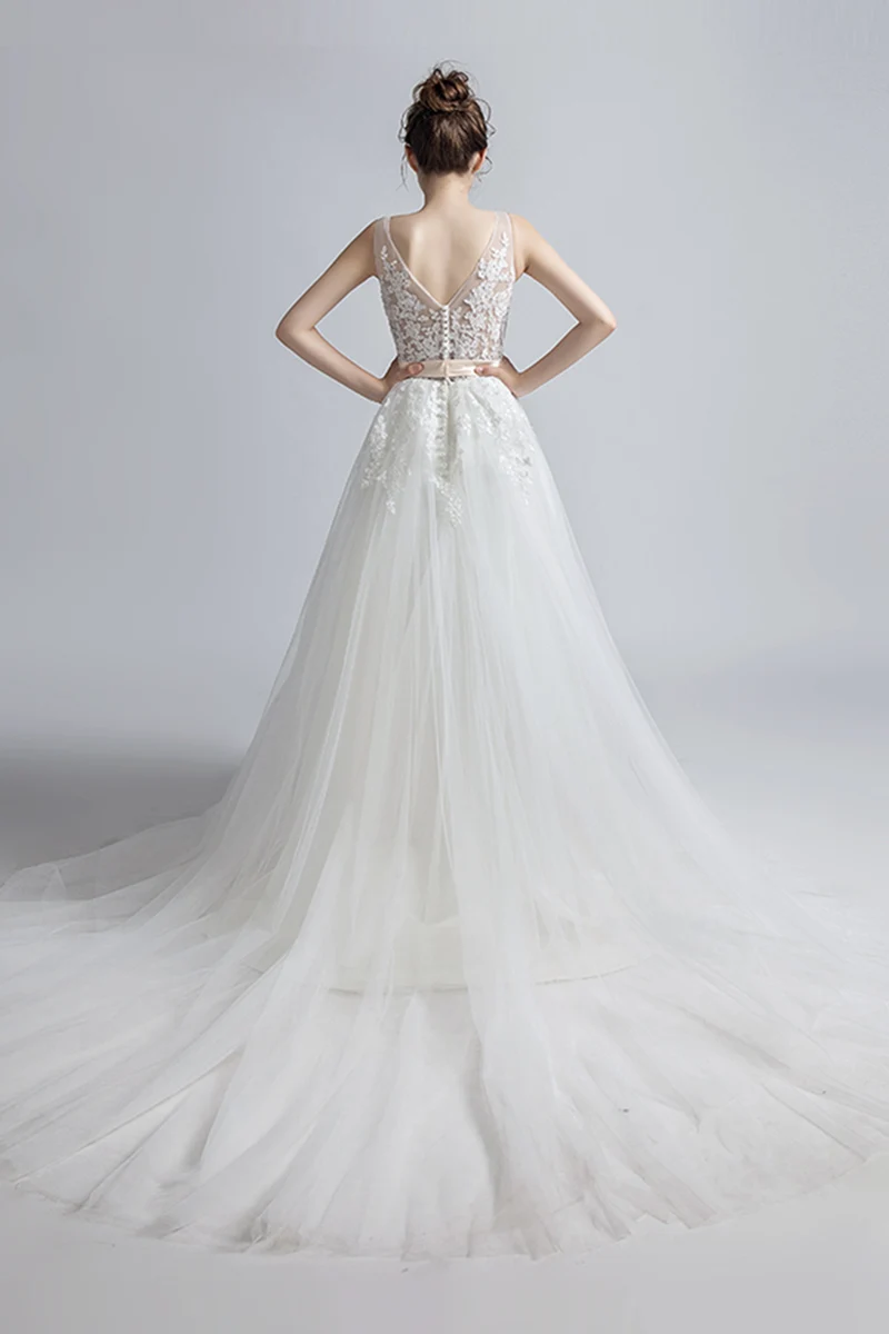 Robe De Mariee кружевное Тюлевое свадебное платье с v-образным вырезом без рукавов с аппликацией из органзы и тюля с коротким шлейфом Свадебное платье Vestidos De Novia