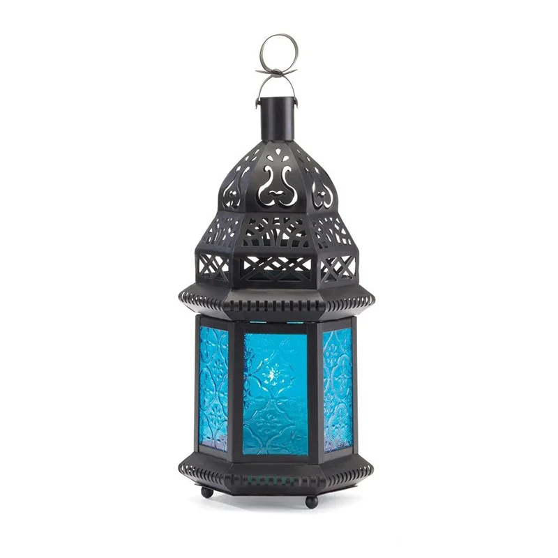 Металлический стеклянный свечной фонарь, марокканский стиль портативный подсвечник в форме павильона подвесной светильник ветровой фонарь - Цвет: moroccan lanterns