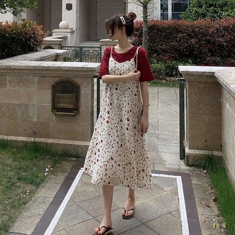 

Korean-style 2019 Summer round Neckline T-shirt Women's Non-mainstream A- line Floral Strapped Dress Two-Piece Set Hot Selling