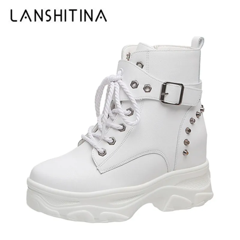 

2019 Casual Women Ankle Boots Autumn Thick Bottom High Top Rivet Sneakers Leather Booties Comfortable 8CM Heels Winter Boots