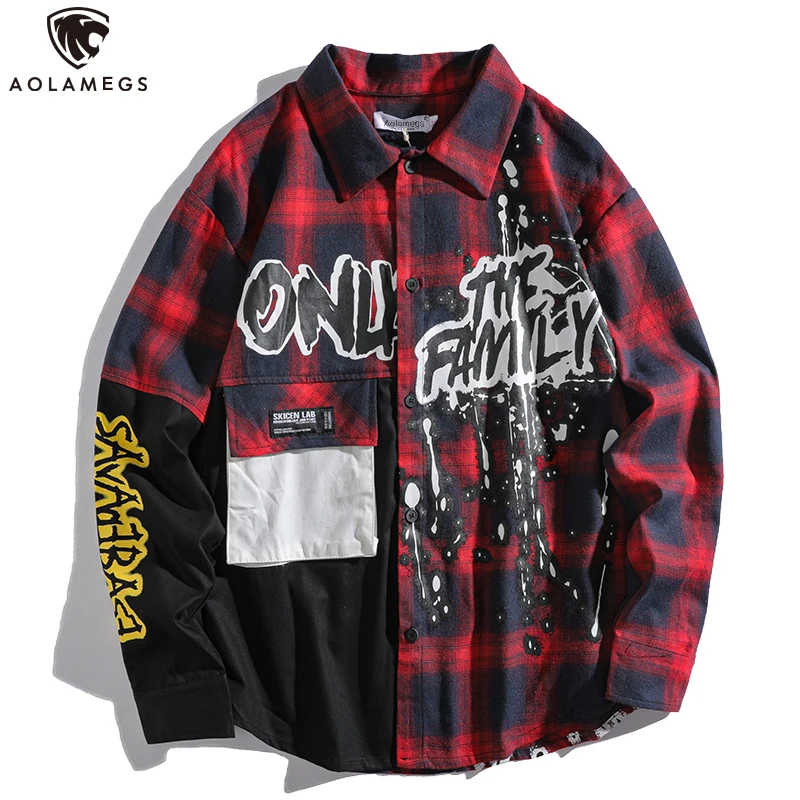 Aolamegs Men's Shirt Hit Color Plaid Print Full Sleeve Shirts Men Casual Cozy Harajuku Vintage Tops Autumn Advanced Streetwear Aolamegs Men's Shirt Hit Color Plaid Print Full Sleeve Shirts Men Casual Cozy Harajuku Vintage Tops Autumn Advanced Streetwear