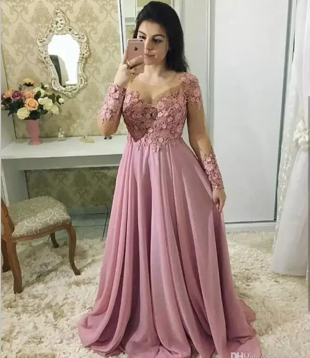 

Lace Mother Of The Bride Dresses With Long Sleeve Sheer Jewel Neck Weddings Chiffon Beaded Plus Evening gown vestido de madrinha