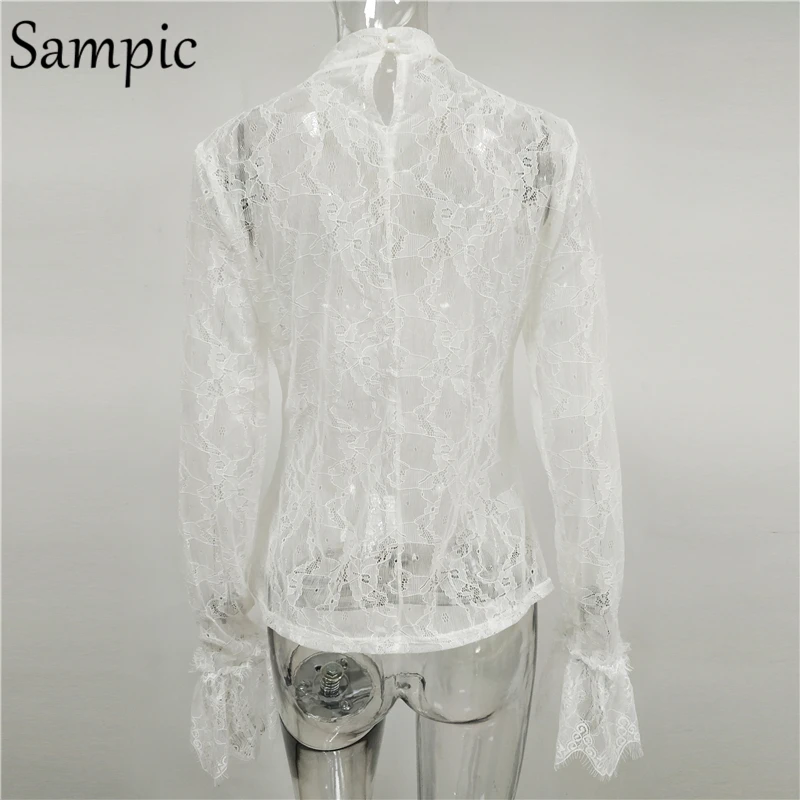 Sampic кружевная белая женская прозрачная Лоскутная пышная блуза с длинным рукавом офисная элегантная расклешенная Водолазка женская блузка Осень