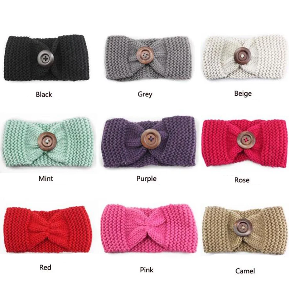 KHGDNOR Wool Knitted Hairband Winter Warm Fashion Button Cross Headband Solid Color Elastic Head Band for Women Girls