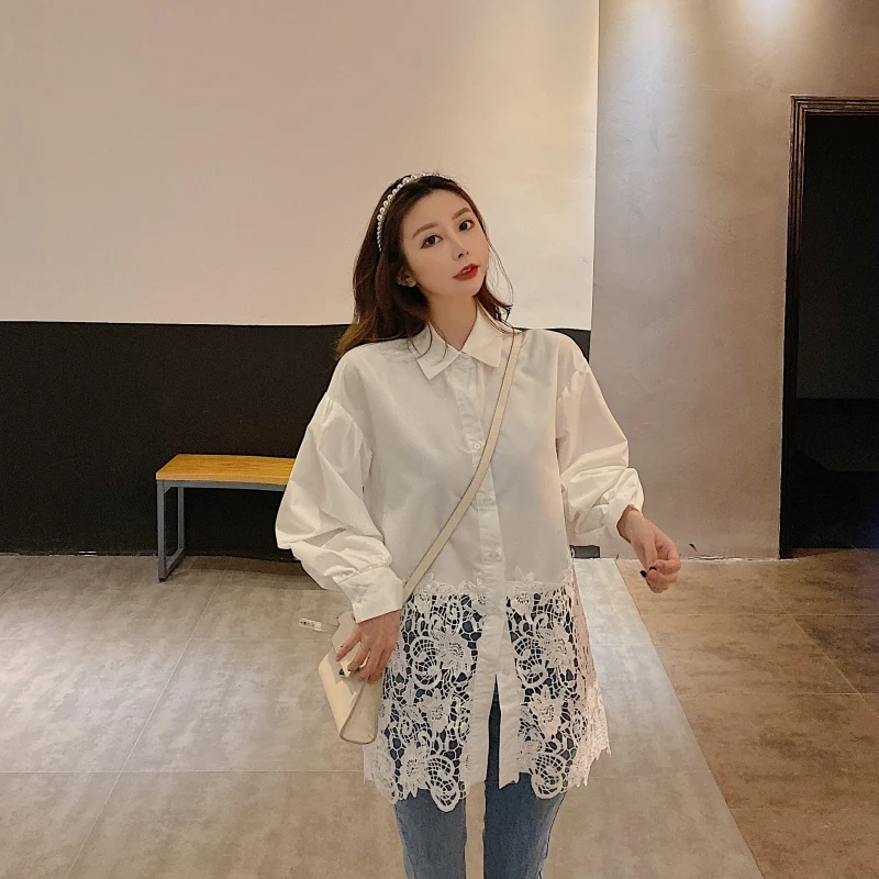Открытые кружевные сетчатые Блузы Mujer De Moda, белые женские топы, модные брендовые свободные рубашки с длинным рукавом для женщин, корейский стиль, Новинка
