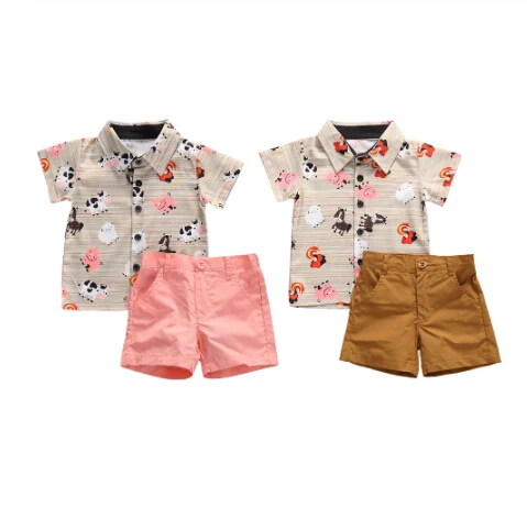 Summer Infant Baby Boys Clothes Sets Animal Print Gentleman Short Sleeve Shirts Tops+Solid Shorts 2pcs |