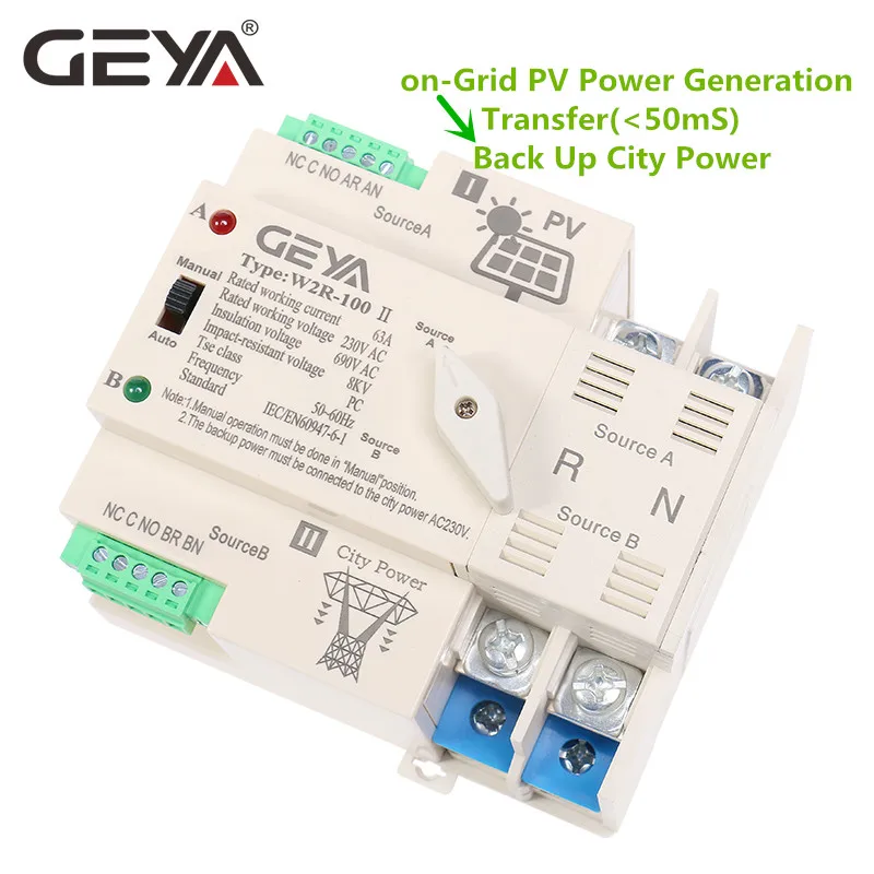 Interruptor de Transferência Automática de Energia Uso de Energia Nova Geya On-grid Fotovolática Ferroviário 2 p 63a Ac220v Ats Sistema Fotovoltaico Apenas Din
