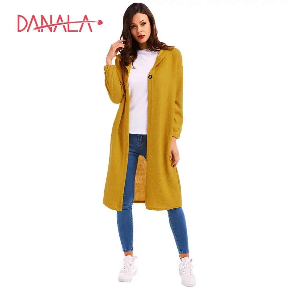 DANALA, Зимний вязаный желтый свитер, пальто для женщин, пальто с двумя пряжками, модный плащ с капюшоном для девочек, Длинный Элегантный Тренч