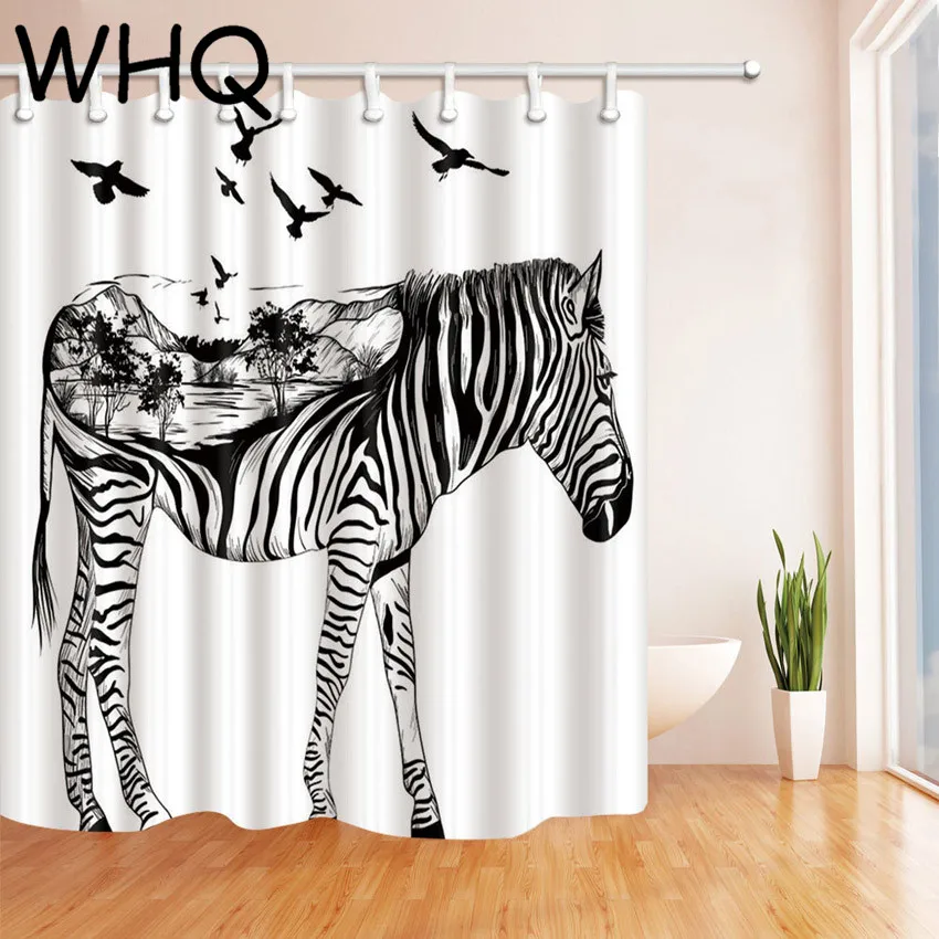 Zebra Birds WHQ занавеска для душа, цветная Зебра, 3D принт акулы, водонепроницаемая занавеска для ванной комнаты, 180*180/210 см, с 12 пластиковыми крючками - Цвет: Zebra Birds