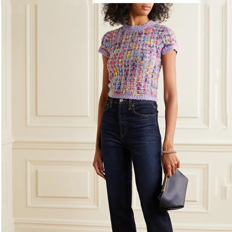 

Women Short Sleeve Plaid KNitting Shirt 2020 Summer Round neck Thin Pullover Cropped Sweater