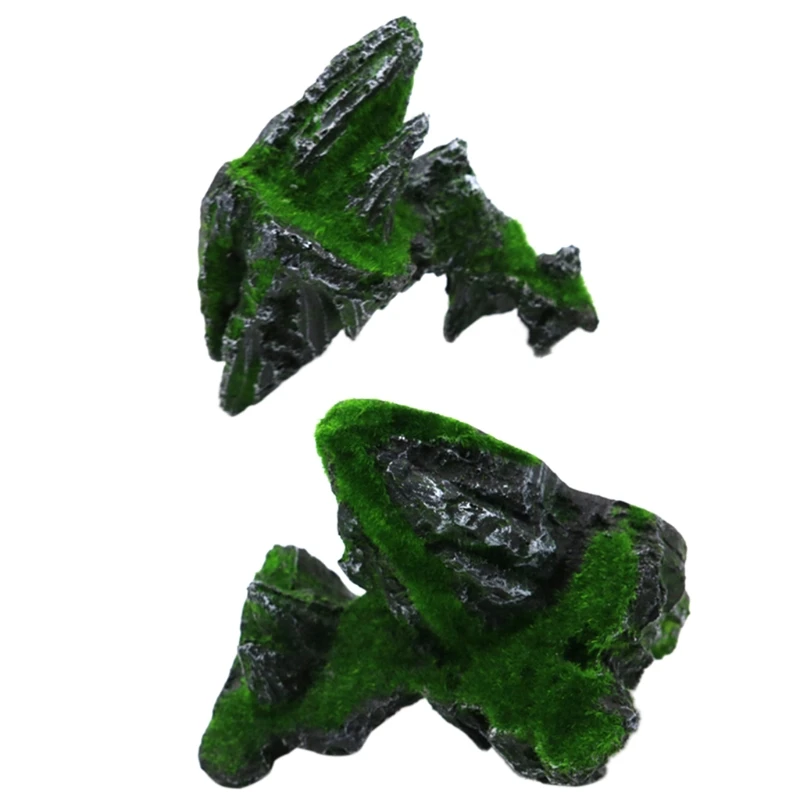 2Pcs Aquarium Ornaments Artificial Resin Moss Landscape Fish Tank Floating Rock Mountain for Fish Sleep Rest Hide Play Breed