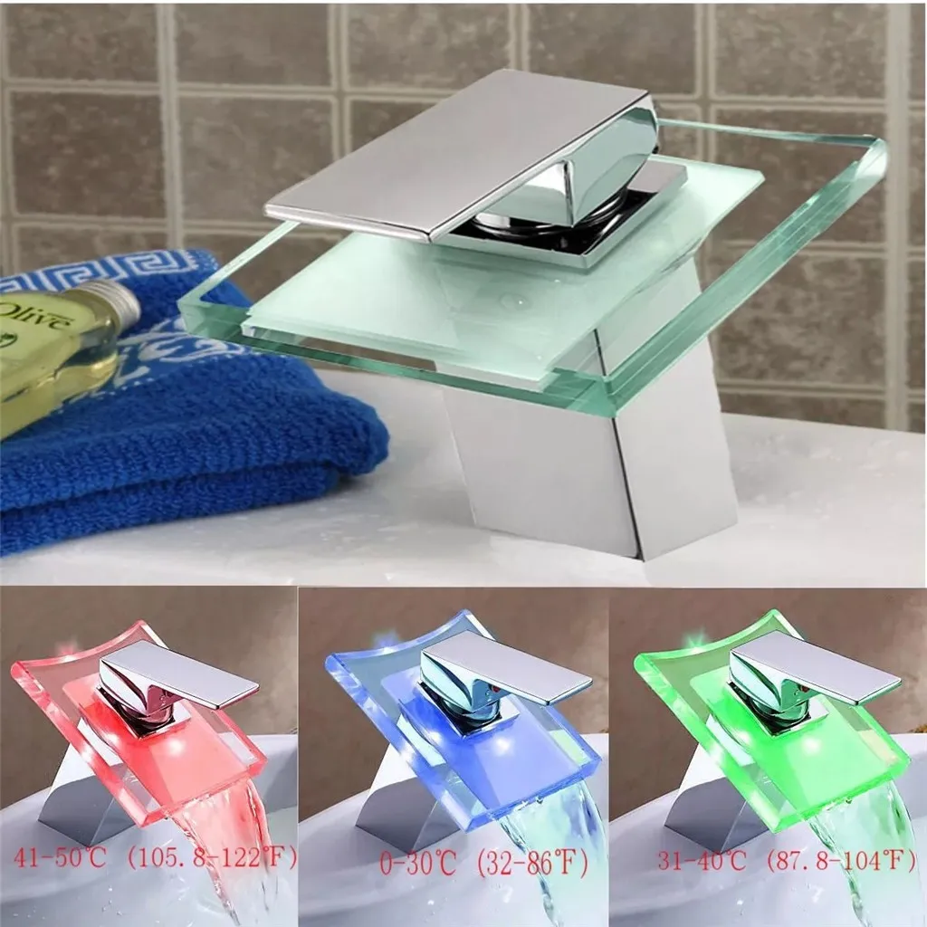  Water Faucet Chrome Finish LED Color Changes Glass Waterfall Basin Bathroom Tub Sink Mixer Tap Sing - 4000087058733