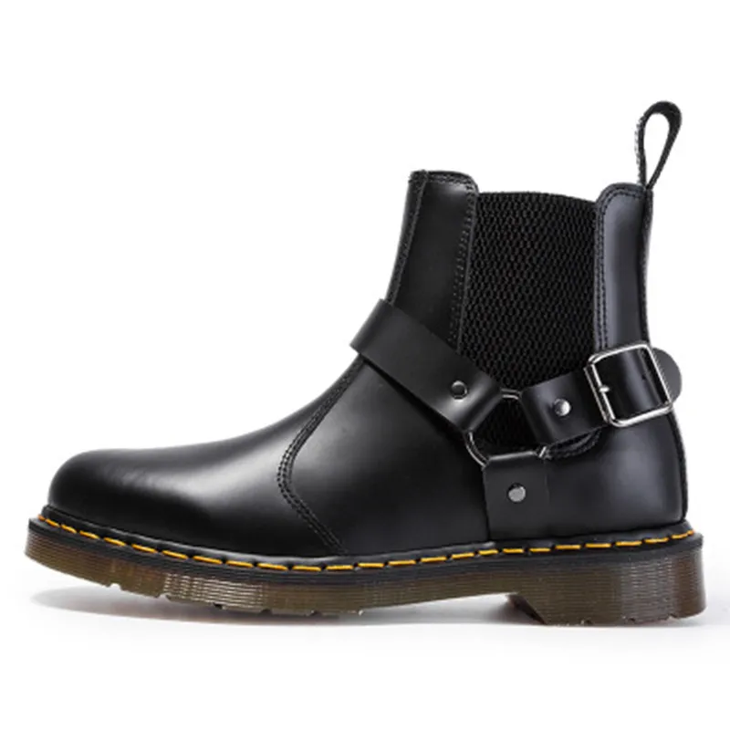 Г. Зимние ботинки из натуральной кожи женские и мужские черные ботильоны ботинки «Челси» с пряжкой женская обувь для пары мотоботы - Цвет: Черный