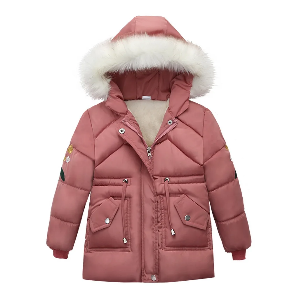 Зимнее пальто на молнии для девочек розовая Зимняя Куртка теплые флисовые зимние комбинезоны для девочек 4-7 лет, пушистая шляпа D25 - Цвет: Розовый