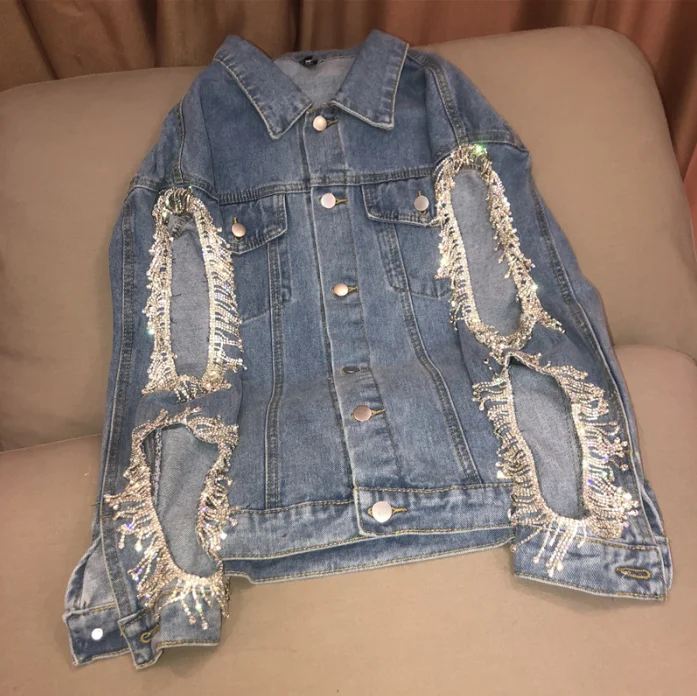 

2020 Spring New Cut-out Bling Rhinestone Fringed Loose Light Blue Washing Denim Jacket Woman Lapel Jean Coat Ladies Chaquetas