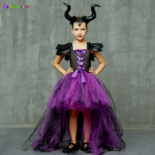 Фиолетовый, черный Детский костюм малефисенты для девочек, темно-ведьма, злодей, Хэллоуин, вычурная юбка, платье вечернее праздничное карнавальное бальное платье