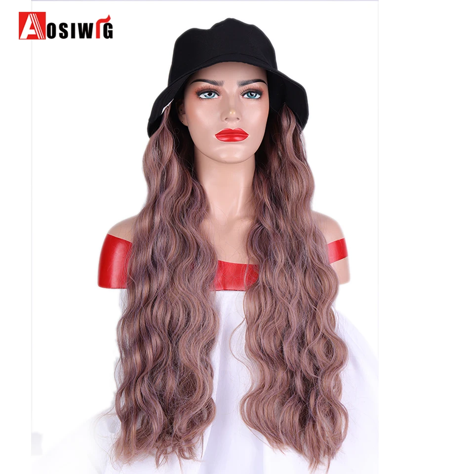

AOSIWIG Fisherman's Hat Wig Water Wave Long Hair Pieces Extension Naturally Connect Synthetic Wig with Hat for Girl Party