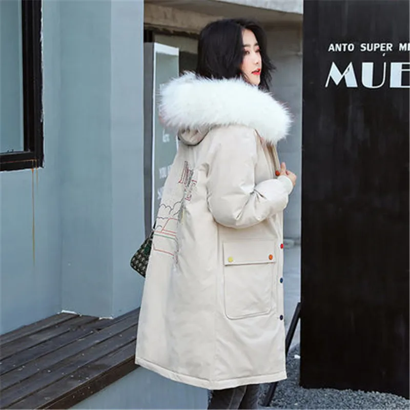 beige Женские осенне-зимние куртки Новые корейские с капюшоном большой меховой воротник вышивка длинная пуховая хлопковая одежда зимняя парка пальто V1002 - Цвет: beige
