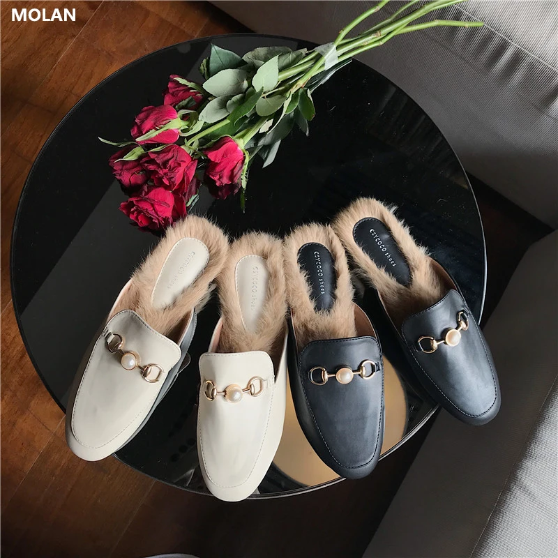 

MOLAN Brand Designer 2019 Korean New Fahion Luxury Pearl Metal Chain Rabbit Hair Fur Slides Leather Shoes Slip On Loafers Mules