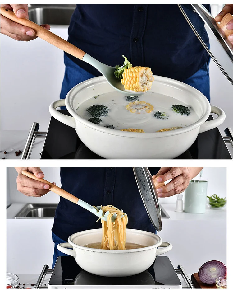 12 Pieces Natural Wooden Handles Cooking Tool BPA Free Non Toxic Silicone Turner Tongs Spatula Spoon Kitchen Gadgets Utensil Set