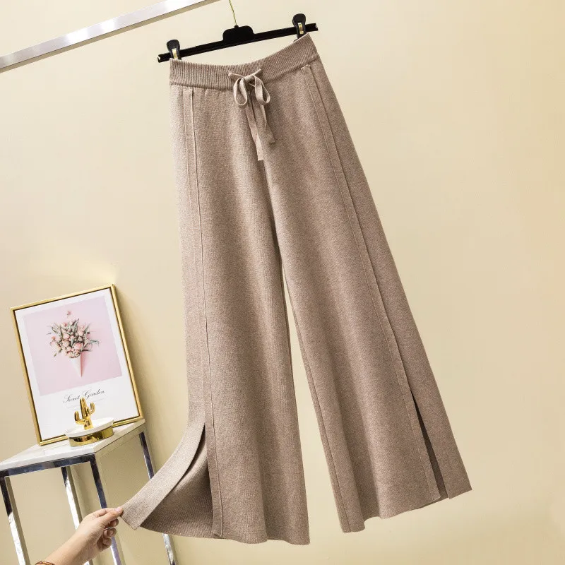 Knitted Wide Leg Pants Women Trousers Autumn Winter Loose Casual Elastic Waist Pants Pure Split Soft Cashmere Sweater Pants - Цвет: Khaki