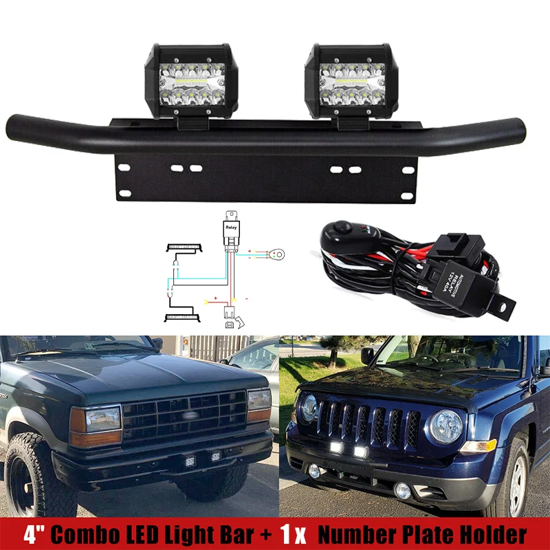 4inch Led Work Light Bar + Bull Bar Front Bumper Number License Plate