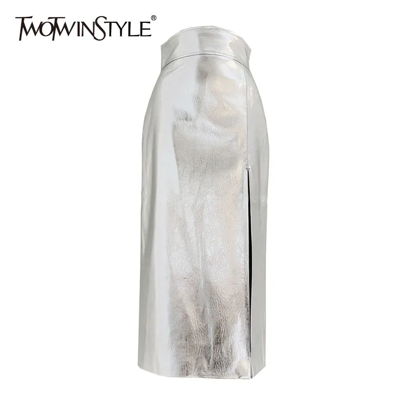 

TWOTWINSTYLE PU Leather Midi Skirt For Women High Waist Split Slim Bodycon Korean Skirts Female 2021 Fashion New Spring Tide