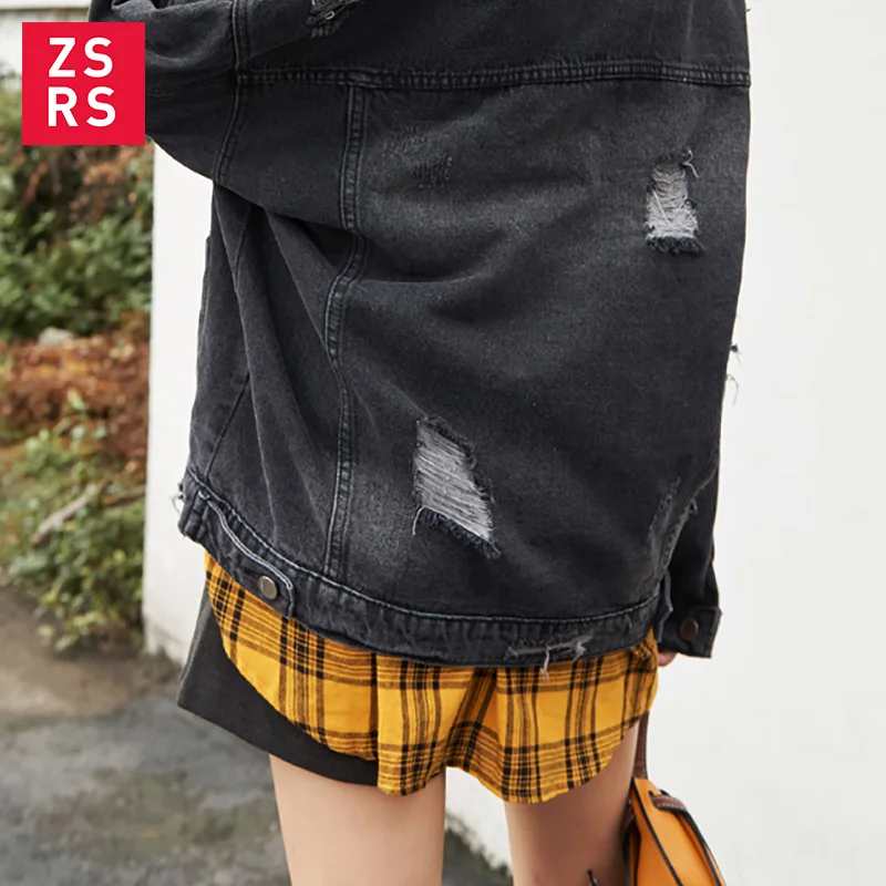 

Zsrs Basic Coat Bombers Vintage Fabric Patchwork Denim Jacket Women Cowboy Jeans 2019 Autumn Frayed Ripped Denim Hole Jacket