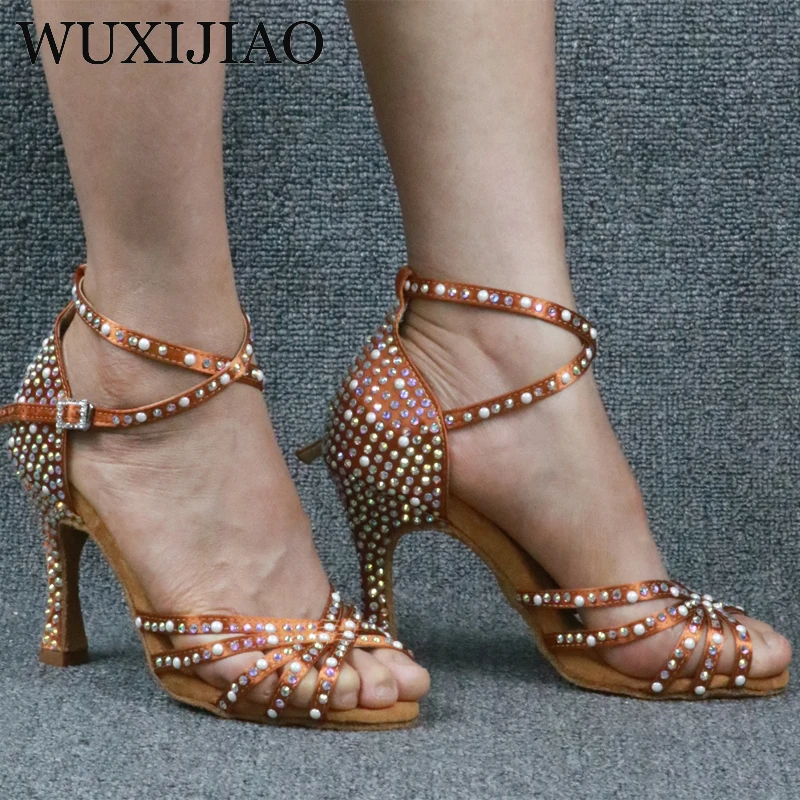 WUXIJIAO Pearl Rhinestone Latin Dance Shoes Women Ballroom Professional Dancing Shoes Soft Soles Party/Weeding Shoes High Heels