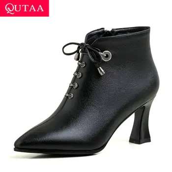 

QUTAA 2020 Pointed Toe Square High Heel Metal Decoration Women Shoes PU Leather Zipper Autumn Winter Ankle Boots Big Size 34-43