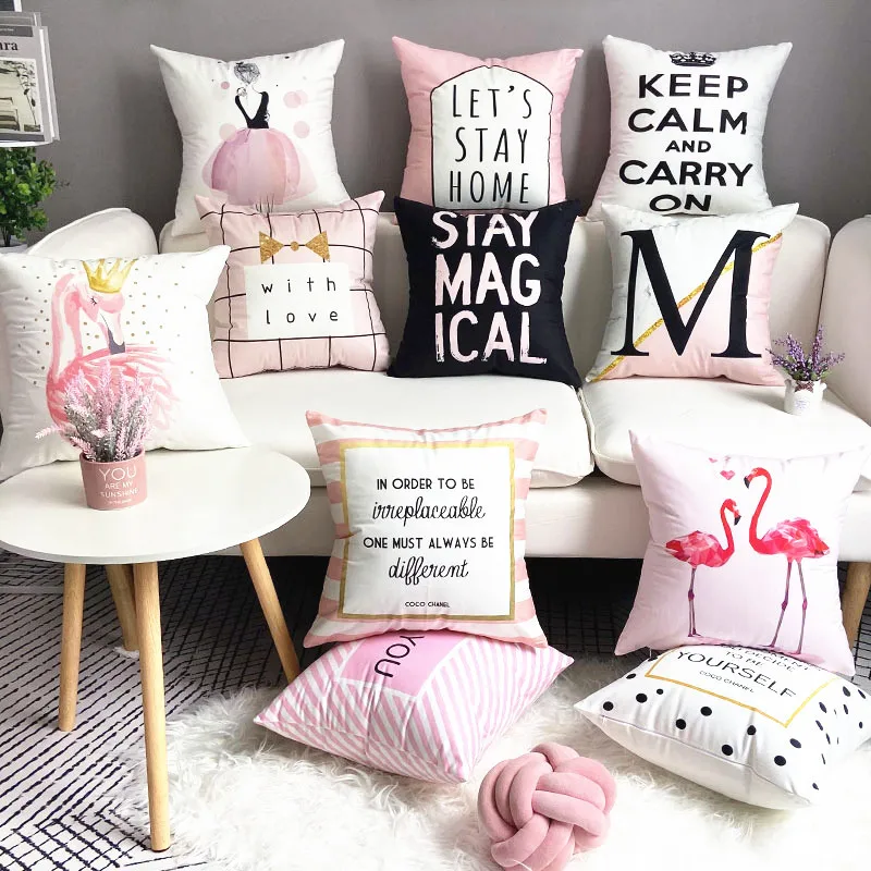 Nordic Pink Girls Geometry Polyester Plush Pillowcase Letters Pink Feather  Super Soft Thick Sofa Pillow Cushion Cover Home Decor - AliExpress