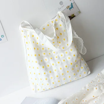 

Canvas tote reusable shopping eco cotton bag femal embroidery lace Daisy shoulder bag student fashion bag