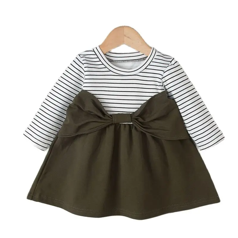 

Korean Style Baby Girls Dress Long Sleeve Princess Dress Toddler Baby Clothing Bebes Bow Dresses Casual Striped Print Baby Dress