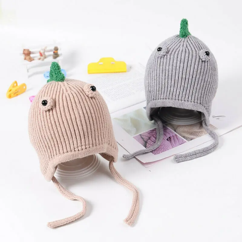 Детская шапка, зимняя, теплая, динозавр, 3D глаза, шапочка, шапка с наушниками, вязаные шапки для мальчиков и девочек 2-8 лет