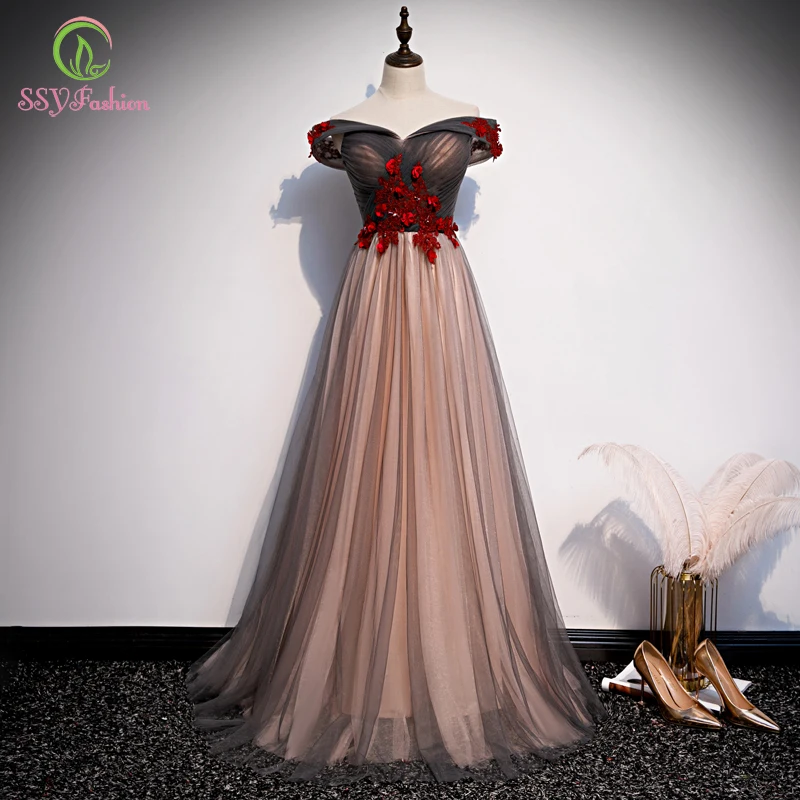 Женское вечернее платье до пола SSYFashion элегантное бордовое банкетное с вырезом