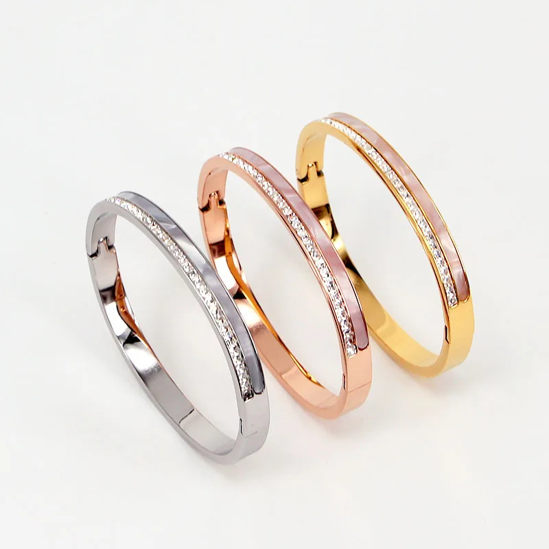 

Trendy Rose Gold Bangle Bracelet Women Female Small Square Cubic Zirconia White Shell Lady Bracelet Femme Women Jewelry