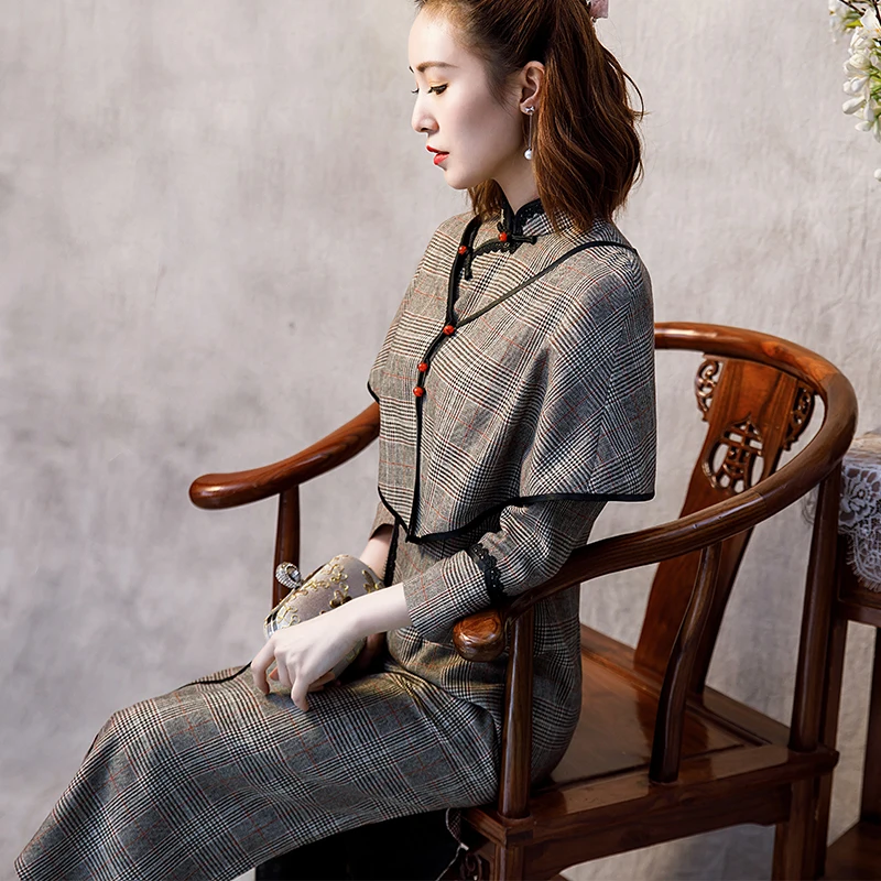 Традиционное китайское Ципао элегантное тонкое зимнее платье Qipao с длинными рукавами винтажные вечерние платья с воротником-стойкой