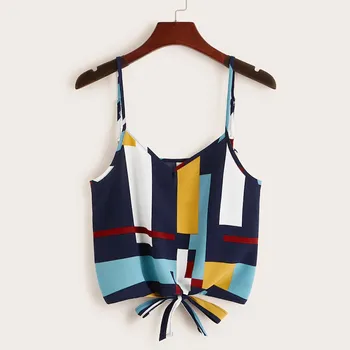 

Summer Geometric Splice Women Camis Tops Fashion Bandage Lady Crop Top Spaghetti Strap Backless Top Women