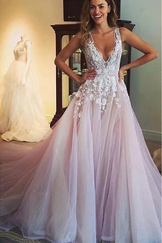 

Sexy Deep V Neck Wedding Dress 2021 Open Back Sleeveless A Line Cathedral Train Bridal Dress New Luxury Lace Flower Wedding Gown