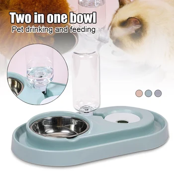

Double Dog Cat Bowls Stainless Steel Food Water Feeder Bowl with Automatic Water Bottle No-Spill Slot HKS99