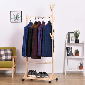

Household floor clothes rack solid wood simple clothes rack cabinet bedroom hanging multi-function coat stand